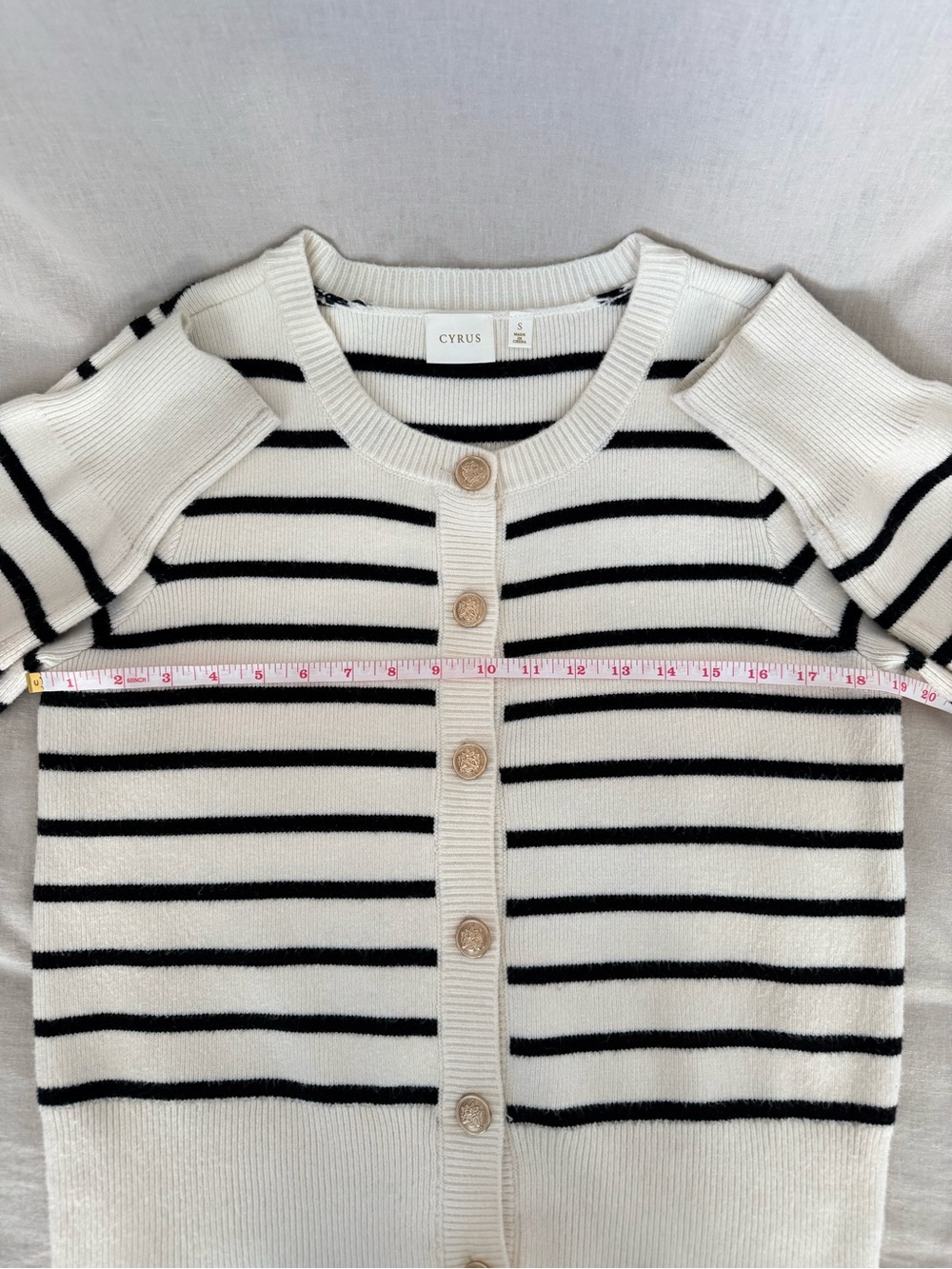 Cyrus | Lady Sweater | Cream & Black Breton Stripe Cardigan | Gold Buttons | S - Picture 7 of 12
